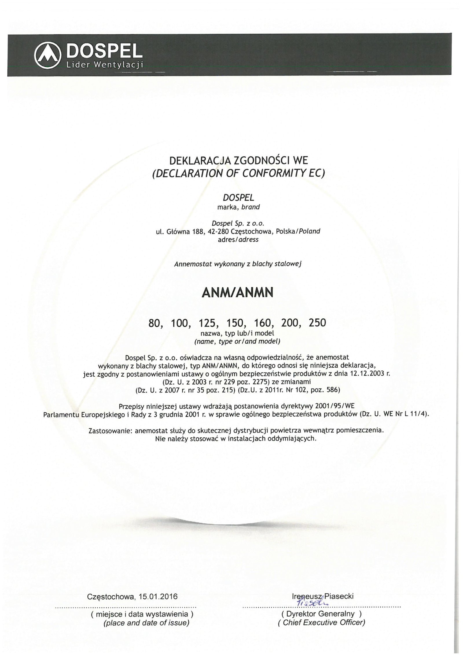 Anemostat, certyfikat, deklaracja zgodności, producent wentylacji, Dospel