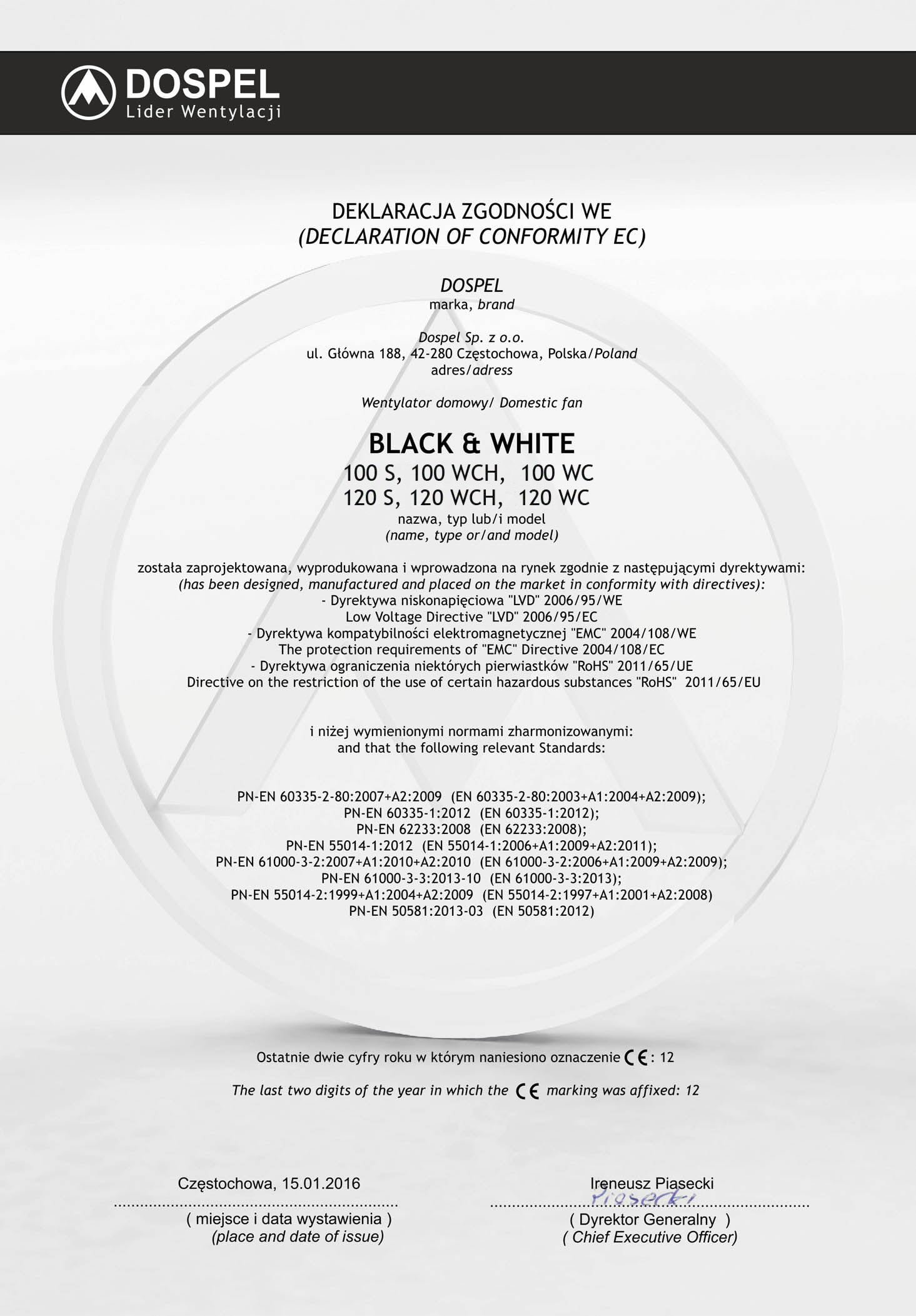 Wentylator domowy, Black White, certyfikat, deklaracja zgodności, producent wentylatorów, Dospel