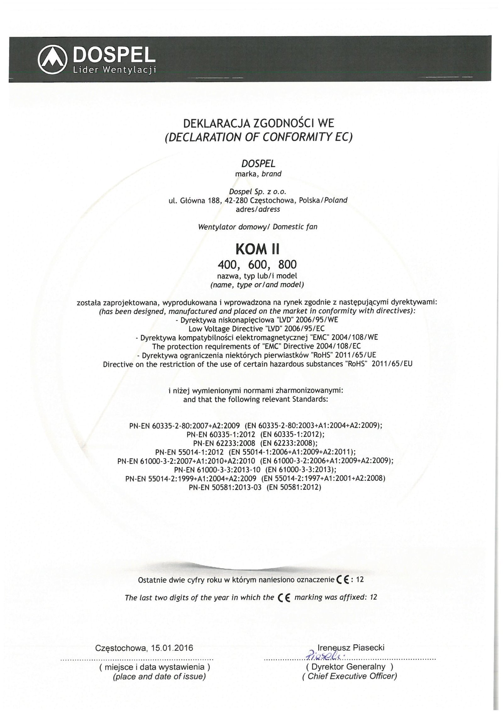 Wentylatory przemysłowe kominowe, KOM II, certyfikat, deklaracja zgodności, producent wentylatorów, Dospel