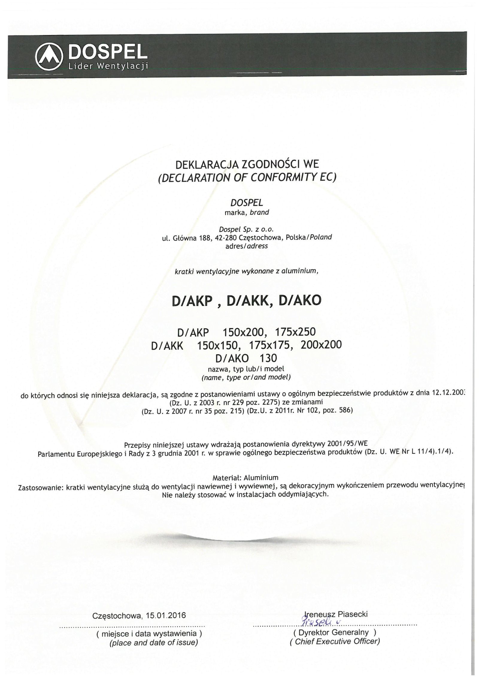 Kratki wentylacyjne aluminiowe D/AKP D/AKK D/AKO, certyfikat, deklaracja zgodności, producent wentylatorów, Dospel