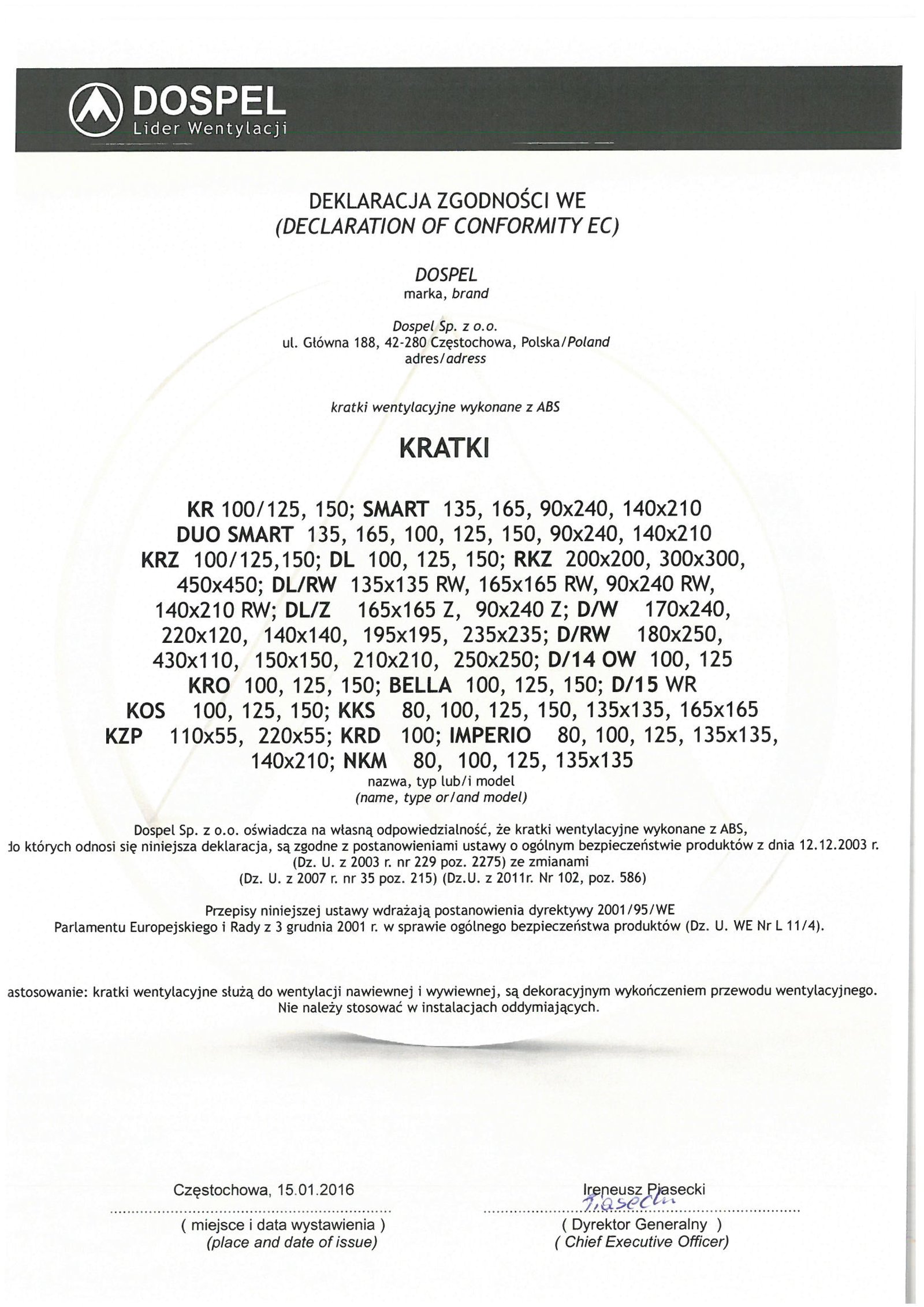 Kratka wentylacyjna certyfikat, deklaracja zgodności, producent wentylatorów, Dospel
