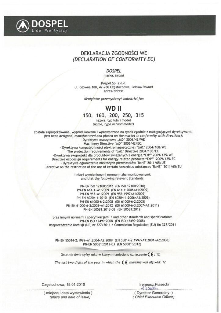 Wentylator dachowy WD II 200, 250, 315, certyfikat, deklaracja zgodności, producent wentylatorów, Dospel