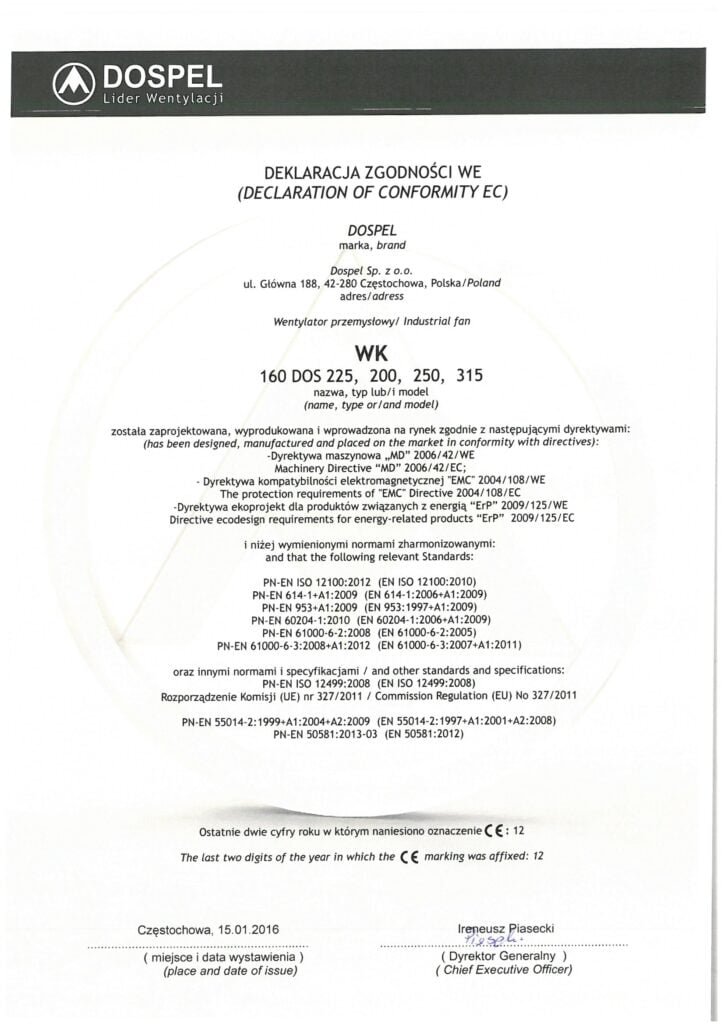 Wentylator przemysłowy kanałowy, WK, certyfikat, deklaracja zgodności, producent wentylatorów, Dospel